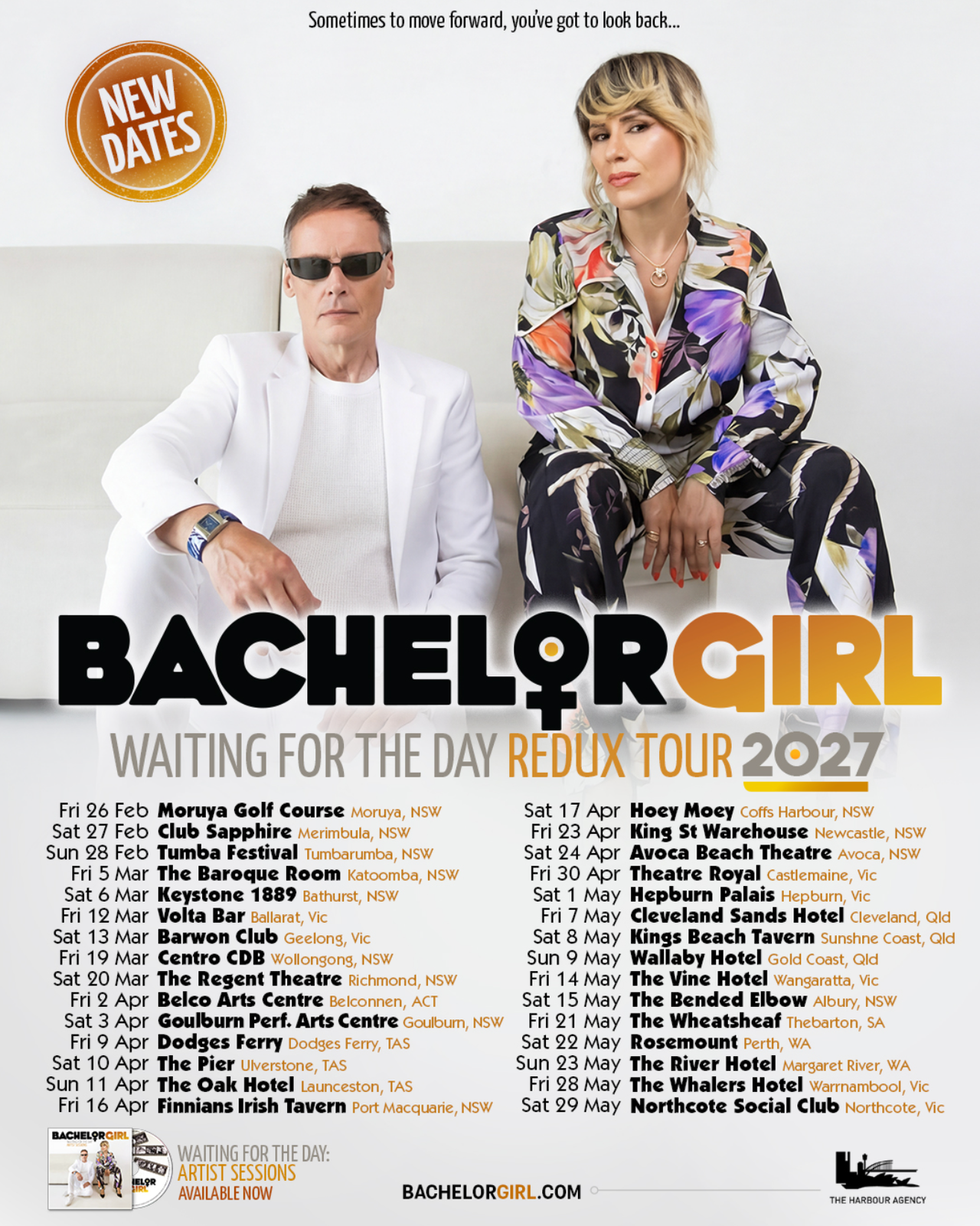 Bachelor Girl Waiting for the Day Redux Tour 2027 poster featuring band members and tour dates.